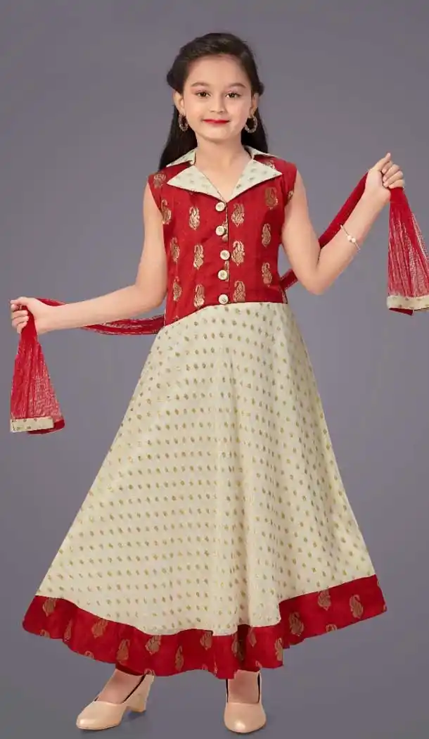 Maroon Color Brocade Georgette Designer Kids Girls Wear Anarkali Dress -1179128002