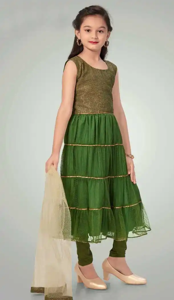 Green Color Brocade Net Designer Kids Girls Wear Anarkali Dress -1179128003