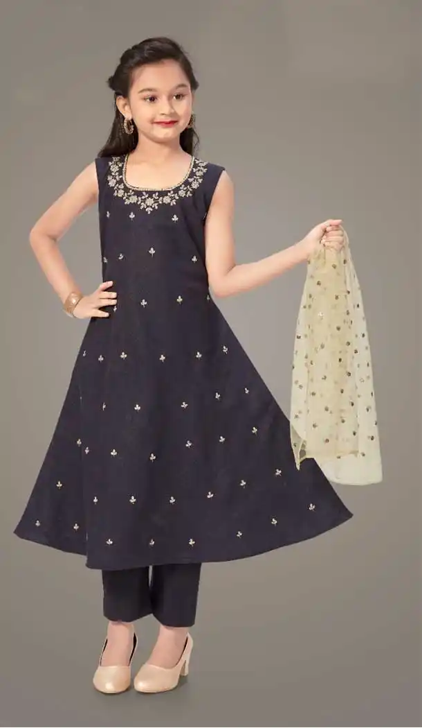 Navy Blue Color Cotton Silk Designer Kids Girls Wear Anarkali Dress -1179128005