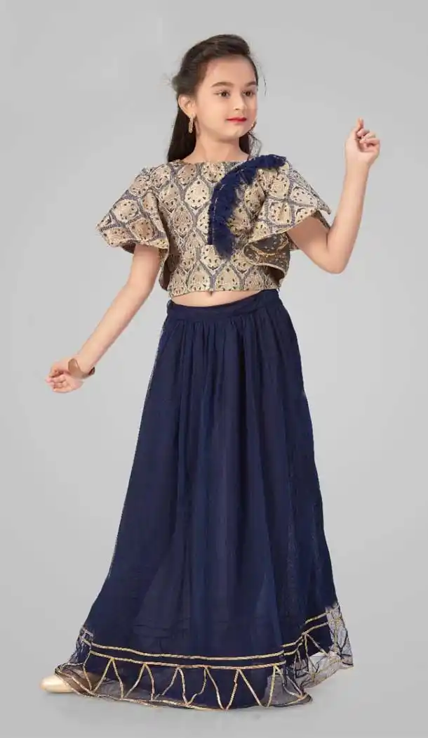 Navy Blue Color Brocade Designder Kds Girls Wear Lehenga Choli -1179128006