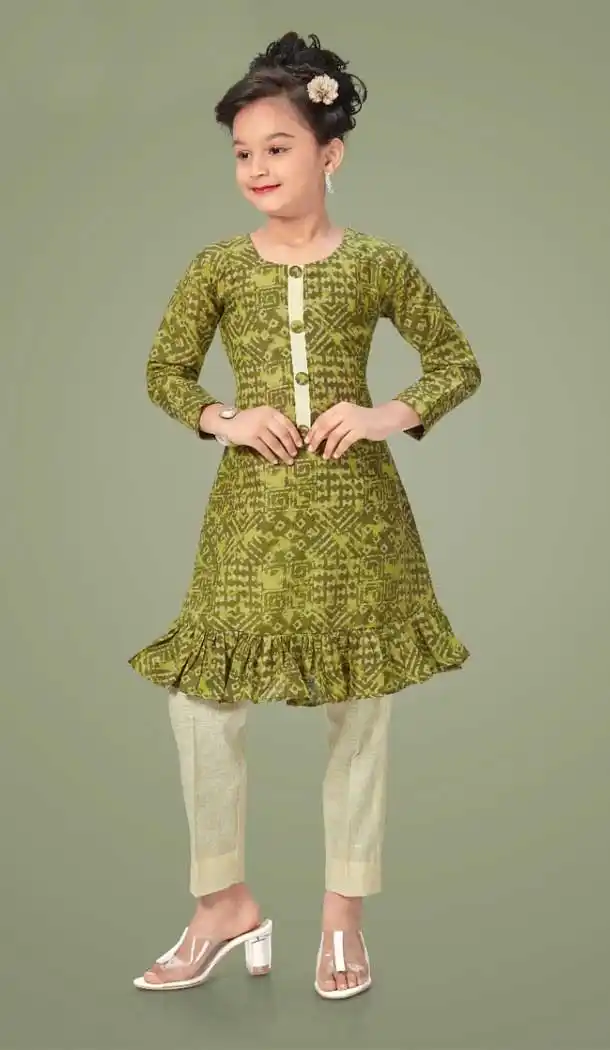 Cream Color Cotton Designer Kids Girls Wear Dress -1179128009