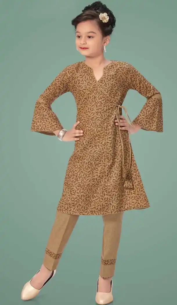 Brown Color Cotton Designer Kids Girls Wear Dress -1179128010