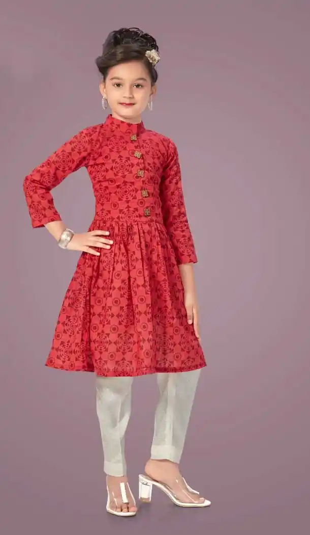 Cream Color Cotton Designer Kids Girls Wear Dress -1179128011