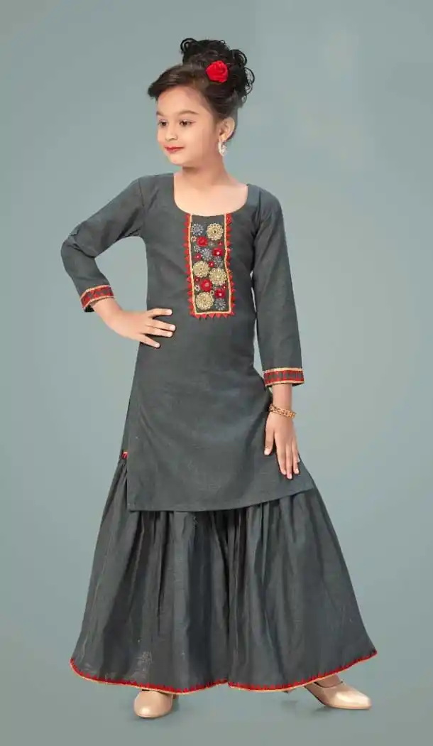 Grey Color Cotton Silk Designer Kids Girls Wear Dress -1179128012