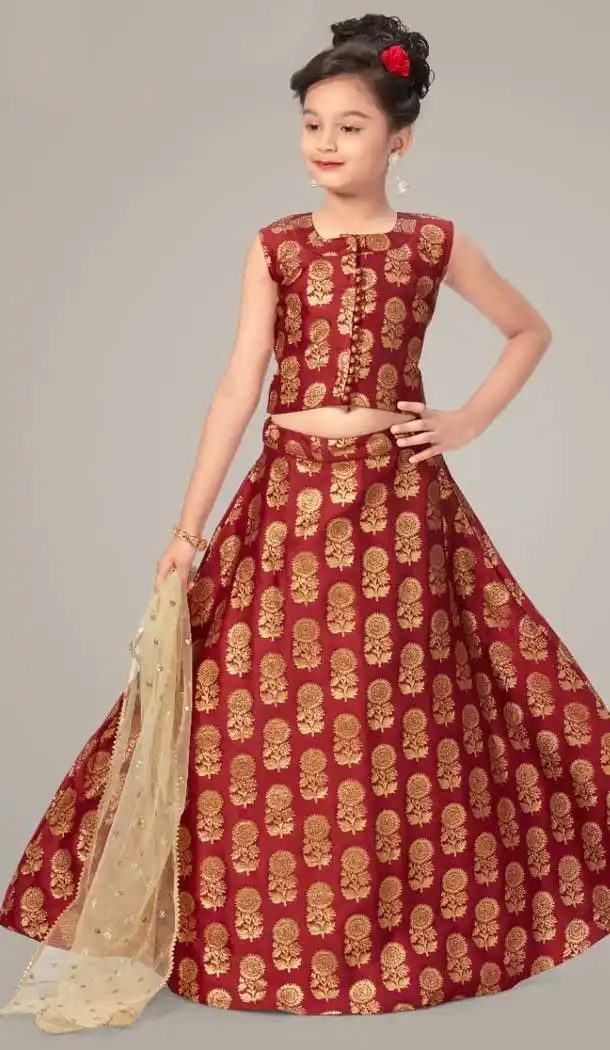 Maroon Color Brocade Designder Kds Girls Wear Lehenga Choli -117912804