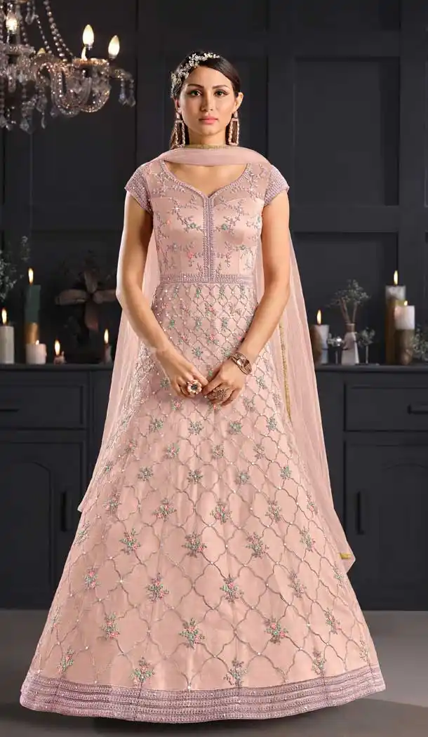 Peach Color Butterfly Net Designer Party Wear Indo Western Gown Suit -1209128304