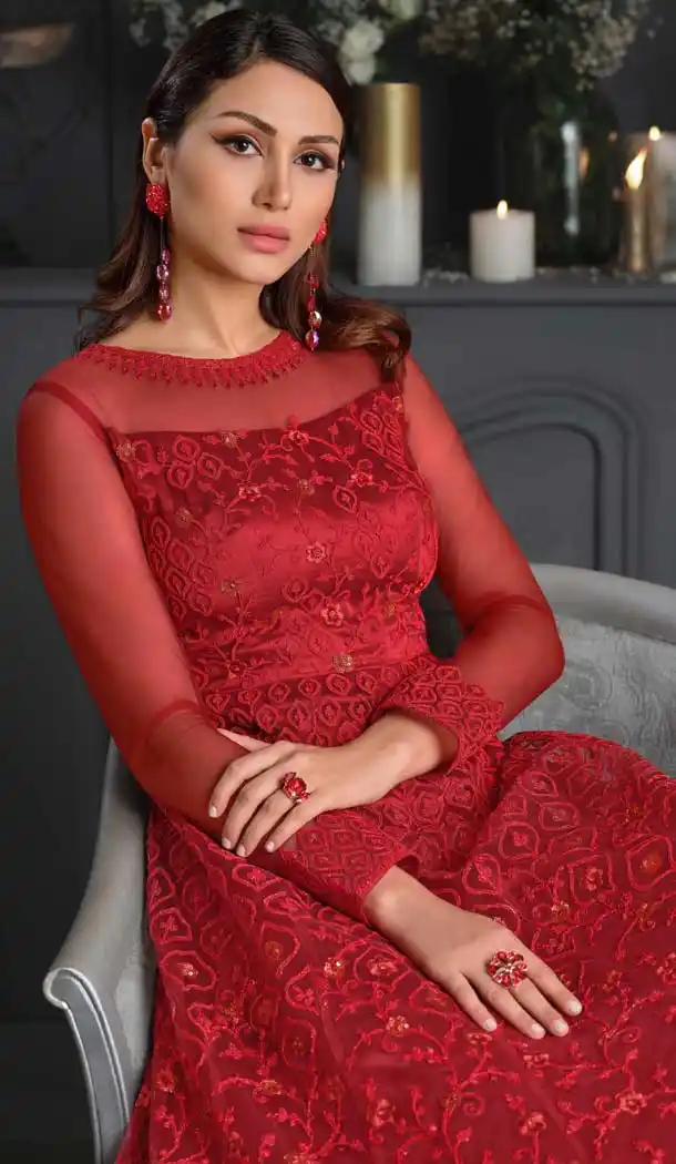 Red Color Butterfly Net Designer Party Wear Indo Western Gown Suit -1209128308