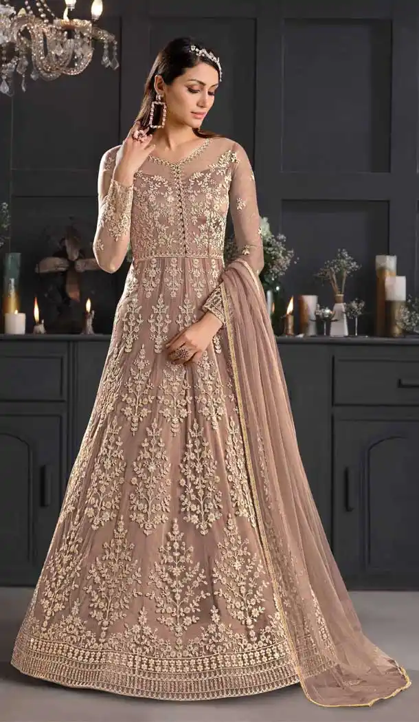 Beige Color Butterfly Net Designer Party Wear Indo Western Gown Suit -1209128309