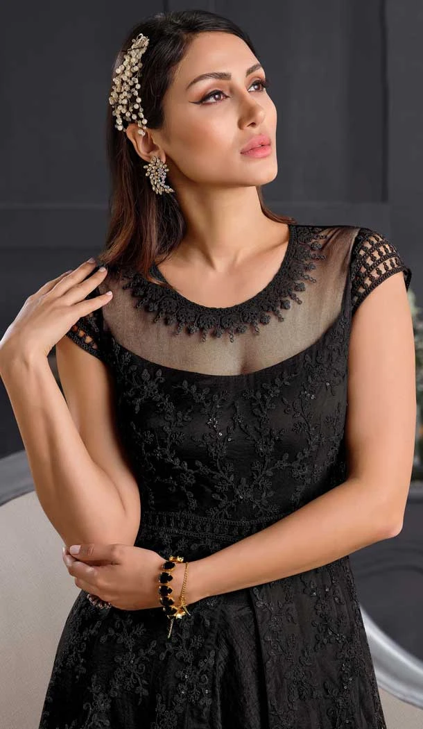 Black Color Butterfly Net Designer Party Wear Indo Western Gown Suit -1209128311