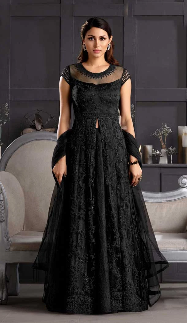 Black Color Butterfly Net Designer Party Wear Indo Western Gown Suit -1209128311