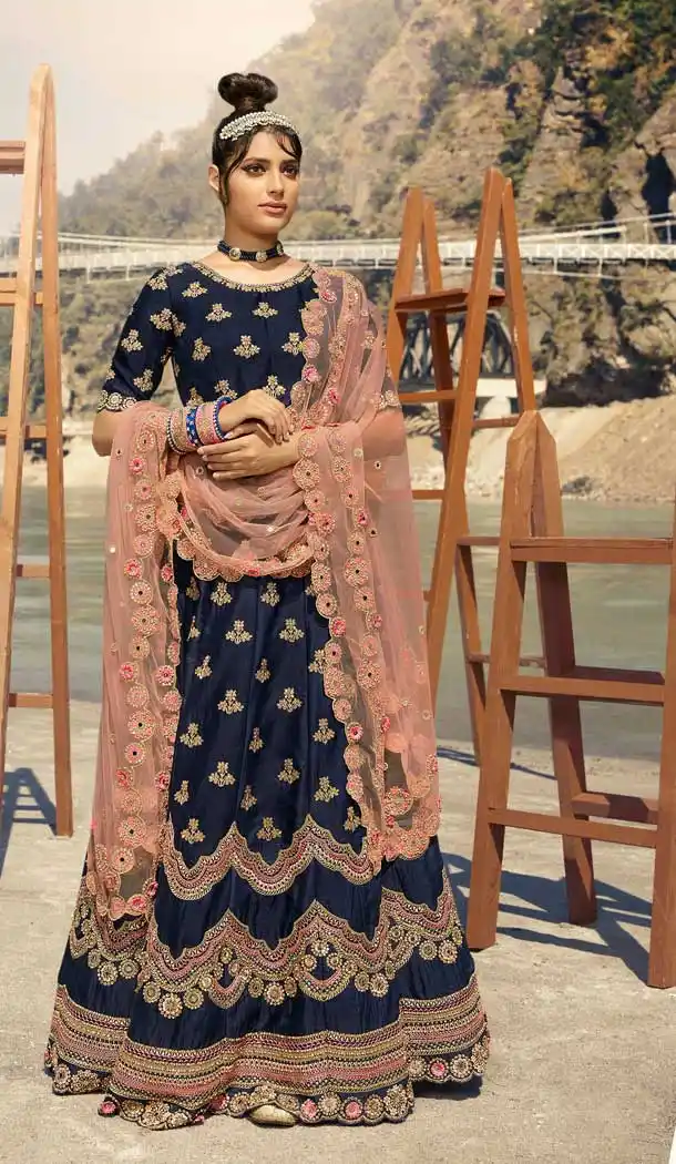 Navy Blue Color Banarasi Silk Designer Bridal Wear Lehenga Choli -1211128323