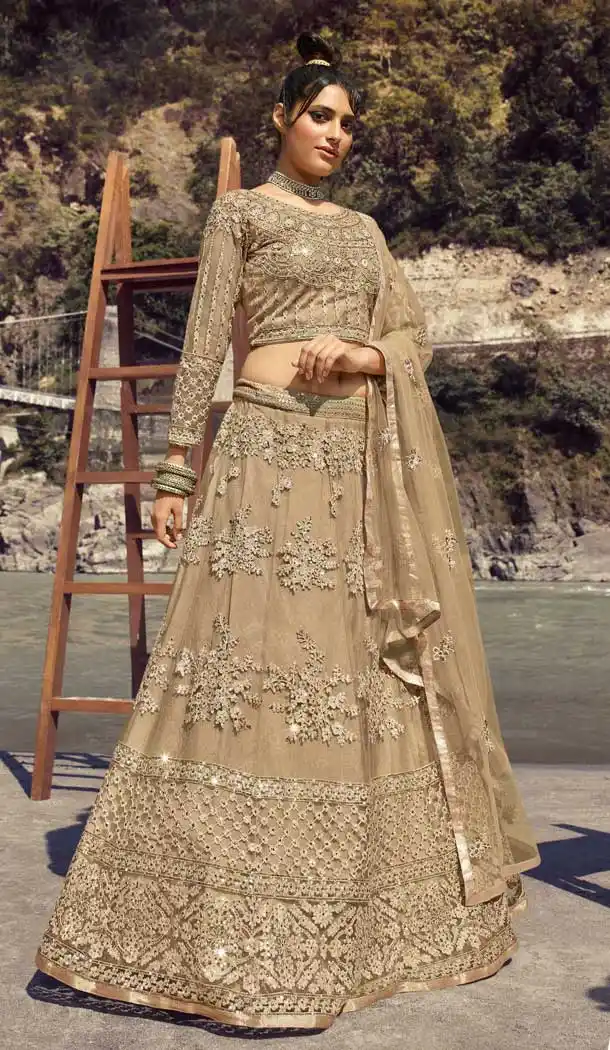 Cream Color Net Designer Bridal Wear Lehenga Choli -1211128324
