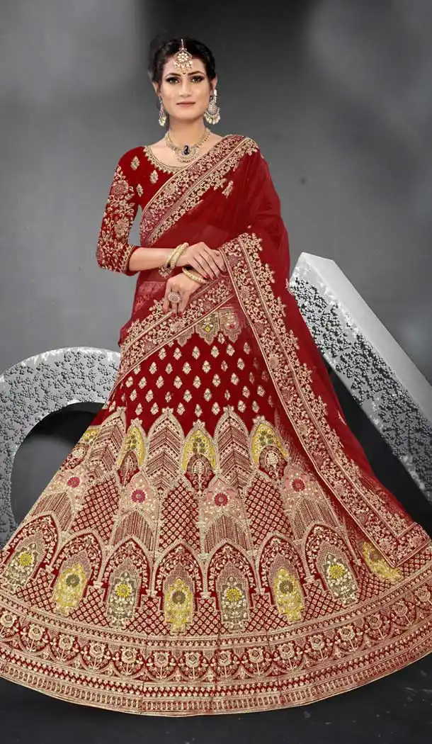 Maroon Color Velvet Designer Heavy Bridal Wedding Wear Lehenga Choli -1212128327