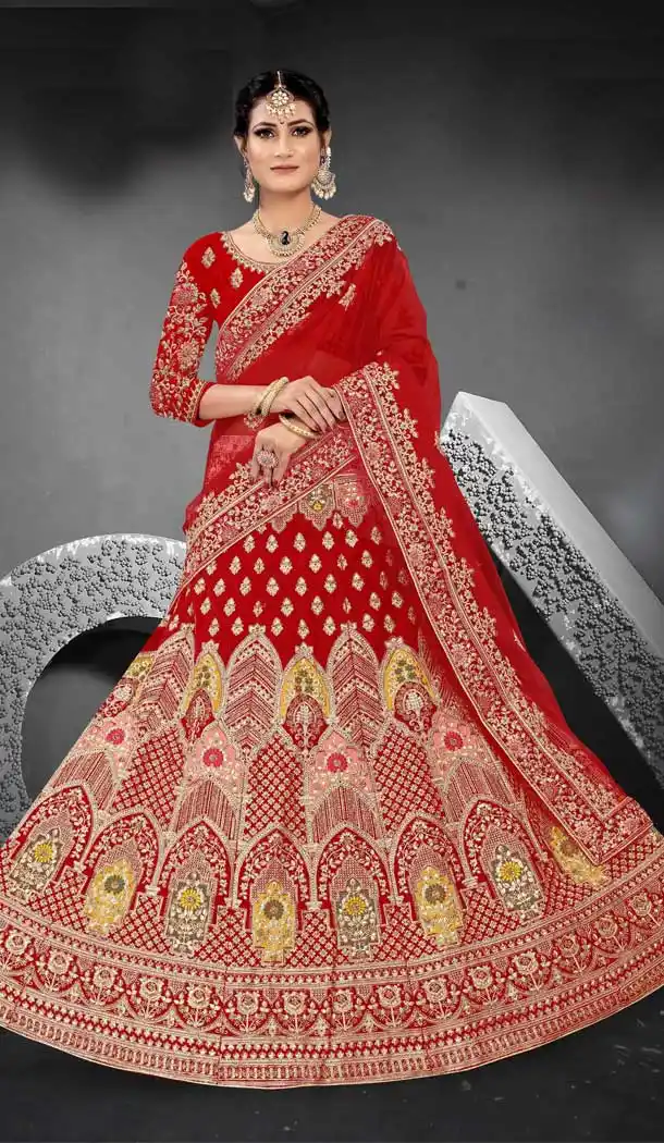 Red Color Velvet Designer Heavy Bridal Wedding Wear Lehenga Choli -1212128329