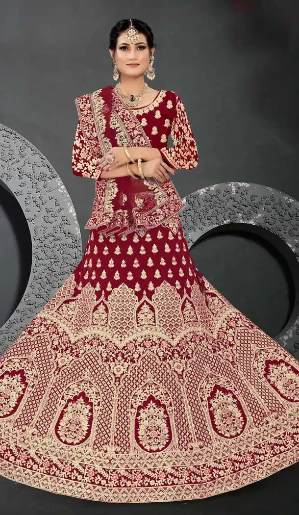 Maroon Color Velvet Designer Heavy Bridal Wedding Wear Lehenga Choli -1212128330