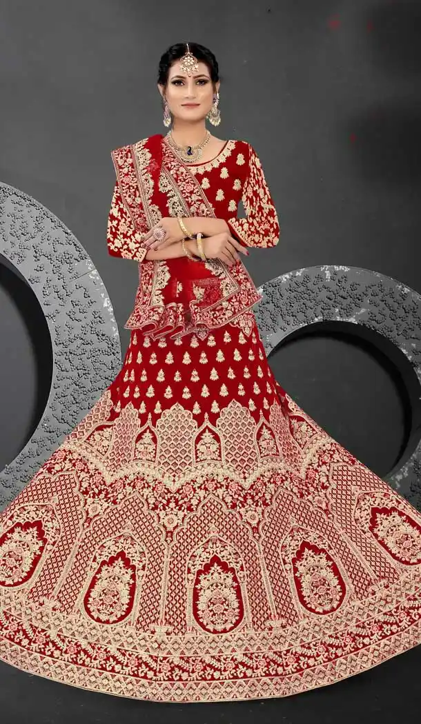 Red Color Velvet Designer Heavy Bridal Wedding Wear Lehenga Choli -1212128332