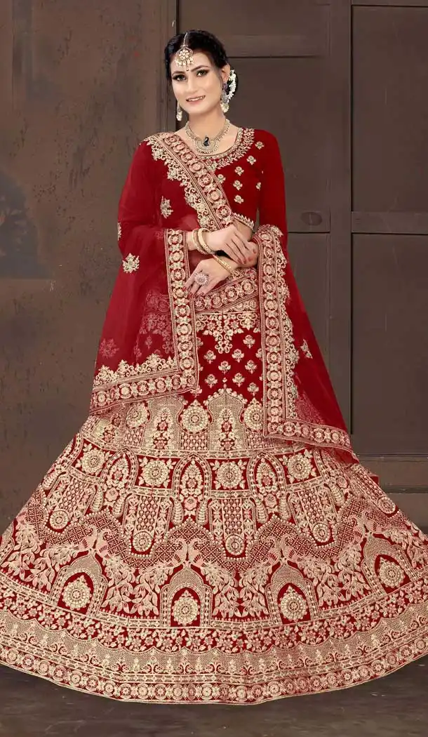 Maroon Color Velvet Designer Heavy Bridal Wedding Wear Lehenga Choli -1212128333