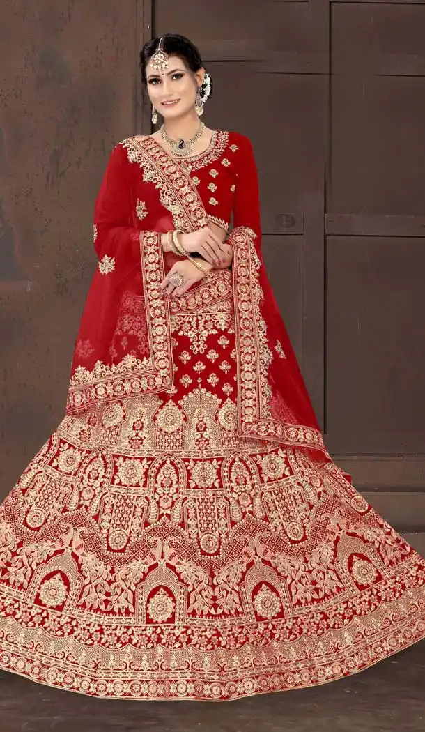 Red Color Velvet Designer Heavy Bridal Wedding Wear Lehenga Choli -1212128335