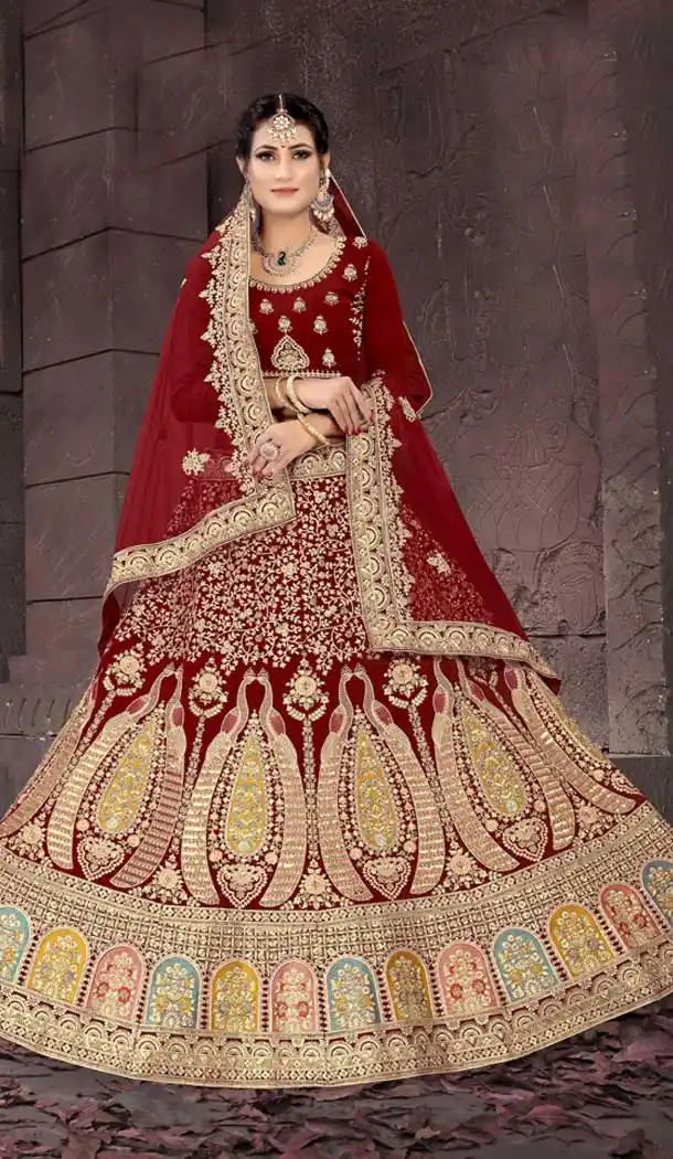 Maroon Color Velvet Designer Heavy Bridal Wedding Wear Lehenga Choli -1212128336
