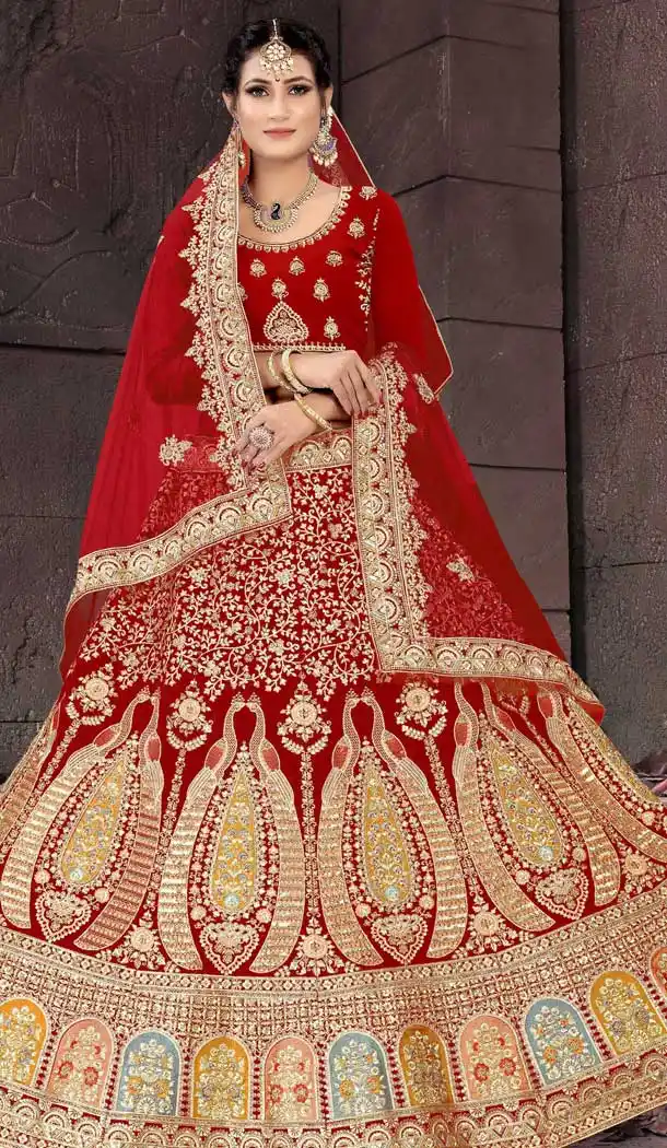 Elegant Red Color Velvet Designer Heavy Bridal Wedding Wear Lehenga Choli -1212128338