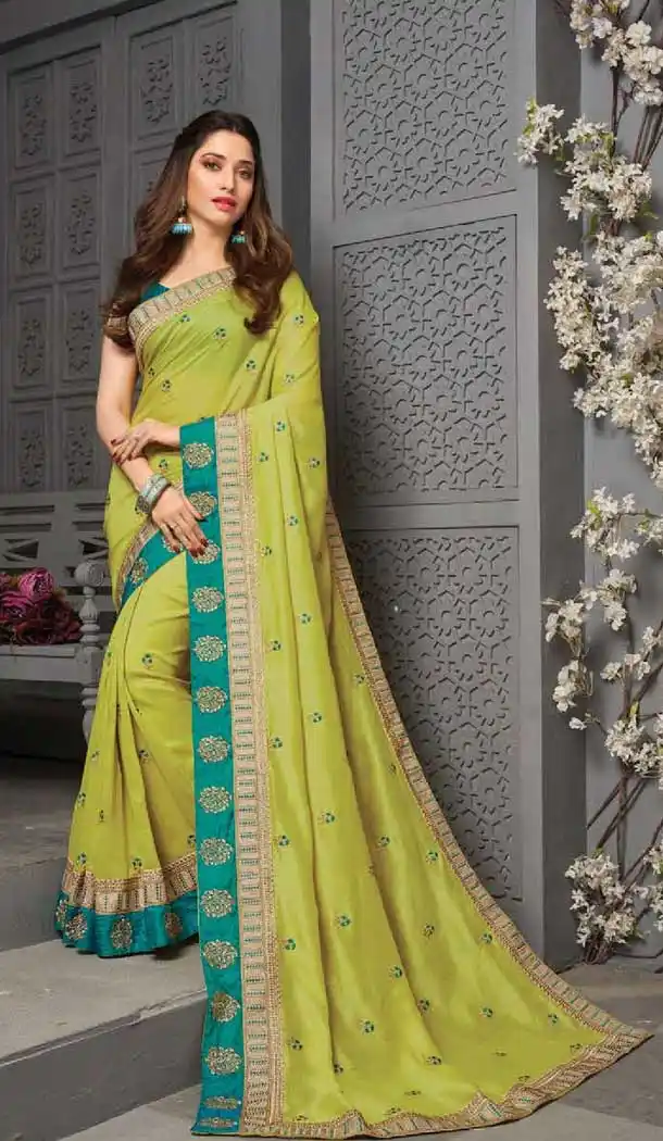 Pista Color Vichitra Silk Celebrity Tamanna Bhatia Wear Saree -1213128341
