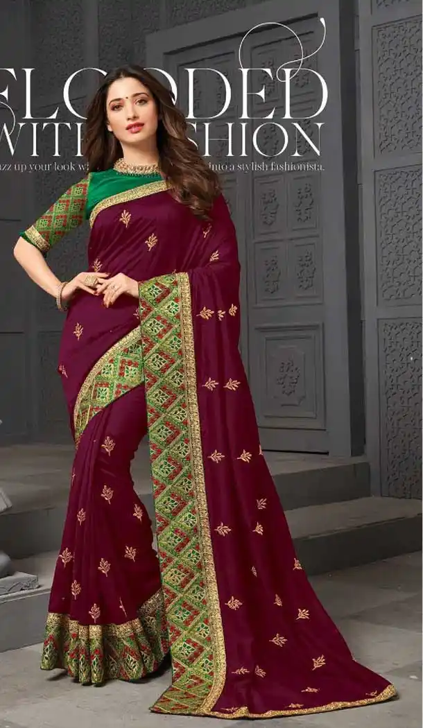 Wine Color Vichitra Silk Celebrity Tamanna Bhatia Wear Saree -1213128343
