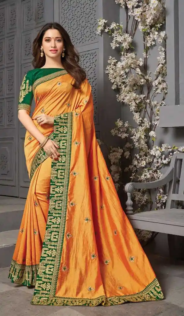 Musterd Color Vichitra Silk Celebrity Tamanna Bhatia Wear Saree -1213128351