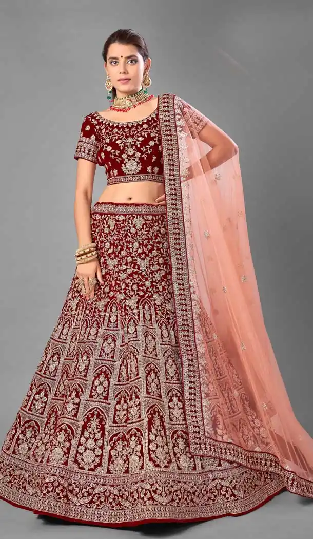 Marvelous Maroon Color Velvet Designer Bridal Wedding Wear Lehenga Choli -1214128355