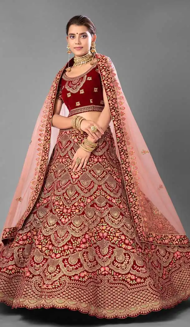Melodic Maroon Color Velvet Designer Bridal Wedding Wear Lehenga Choli -1214128356