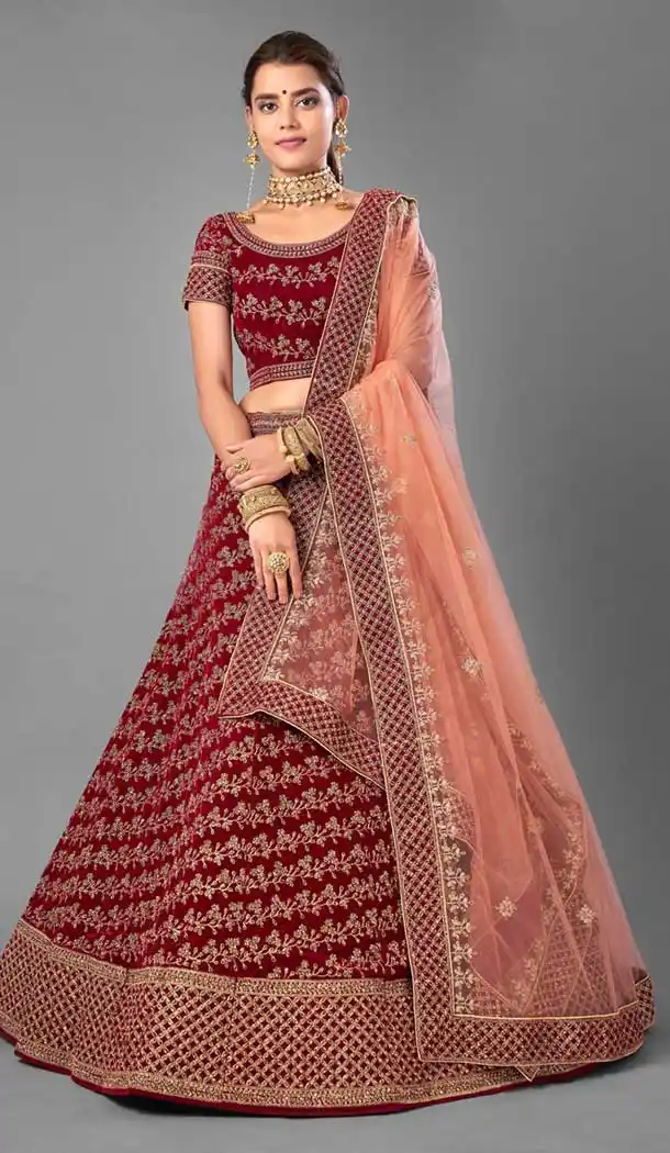 Luscious Maroon Color Velvet Designer Bridal Wedding Wear Lehenga Choli -1214128357