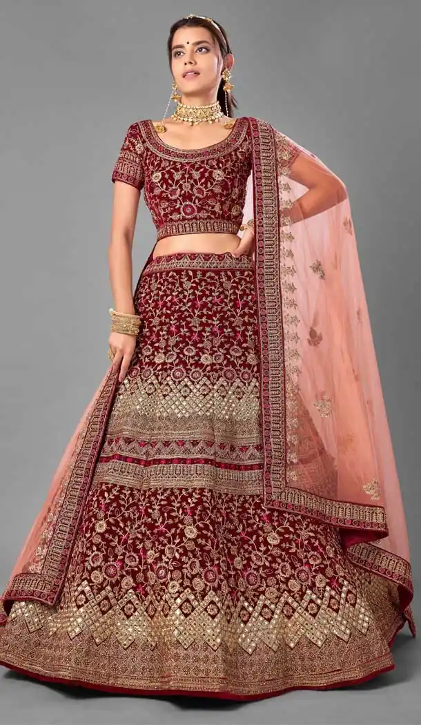 Majesty Maroon Color Velvet Designer Bridal Wedding Wear Lehenga Choli -1214128358