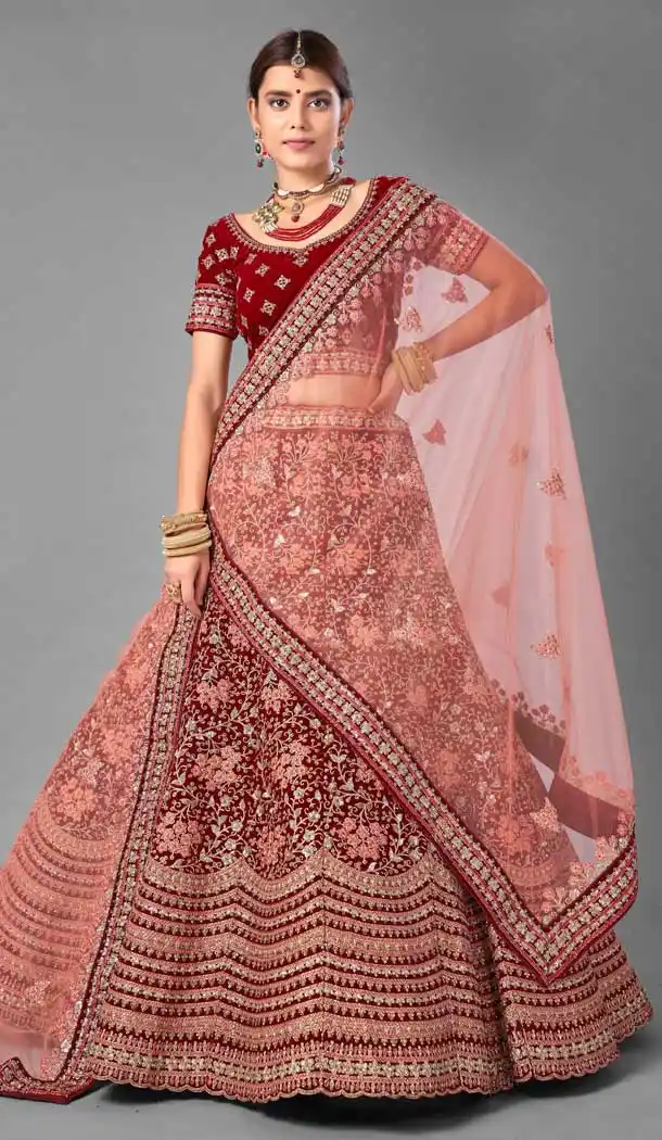 Gorgeous Maroon Color Velvet Designer Bridal Wedding Wear Lehenga Choli -1214128363