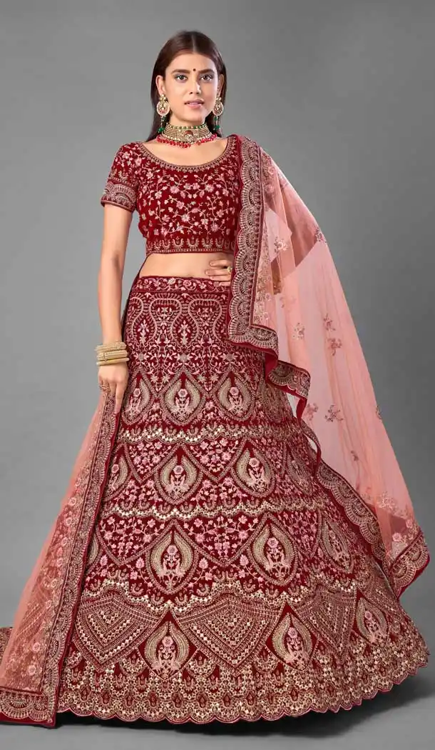 Ethnic Maroon Color Velvet Designer Bridal Wedding Wear Lehenga Choli -1214128364