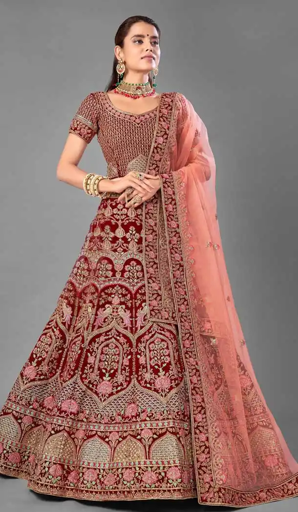Fascinating Maroon Color Velvet Designer Bridal Wedding Wear Lehenga Choli -1214128365