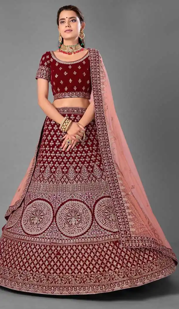 Charming Maroon Color Velvet Designer Bridal Wedding Wear Lehenga Choli -1214128366