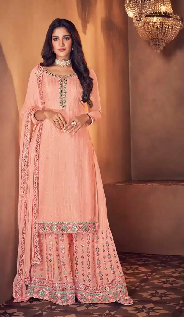 Peach Color Real Georgette Designer Party Wear Palazzo Salwar Suit -1219128401