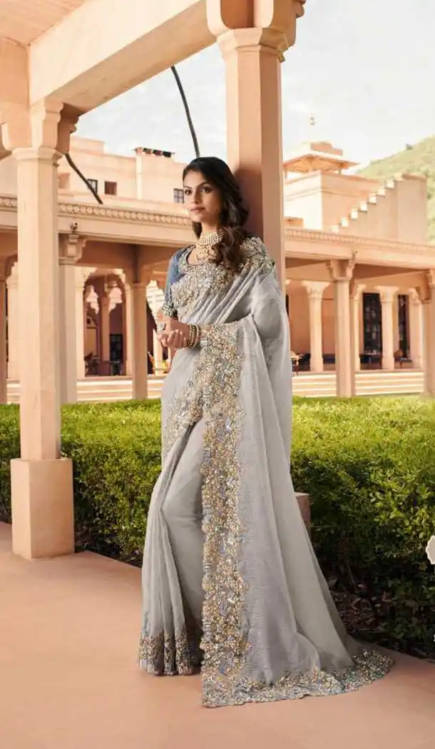 Grey Color Fancy Fabric Designer Party Wear Saree Blouse -1228128481