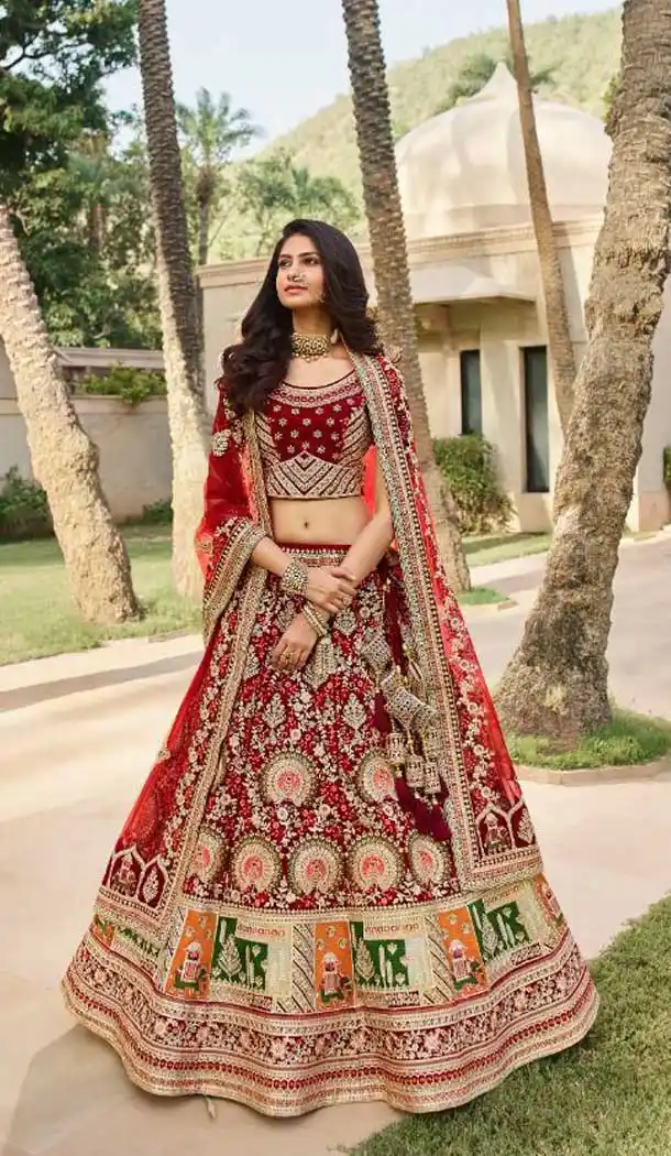 Maroon Color Markable Velvet Heavy Bridal Wedding Wear Lehenga Choli -1230128493