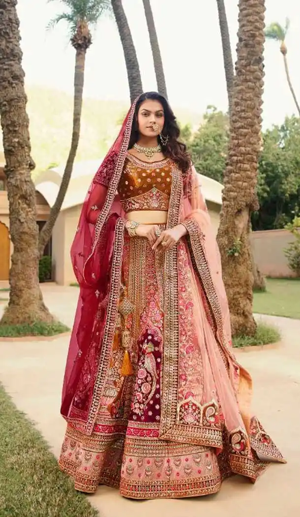 Exquisite Multi Color Markable Velvet Heavy Bridal Wedding Wear Lehenga Choli -1230128494