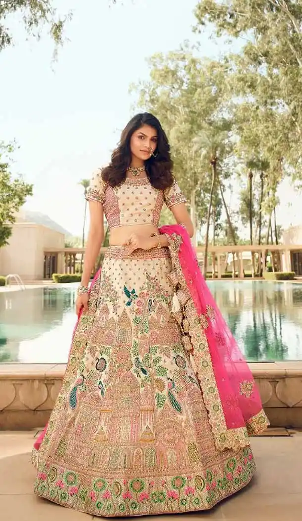 Aesthetic Cream Color Silk Heavy Bridal Wedding Wear Lehenga Choli -1230128497