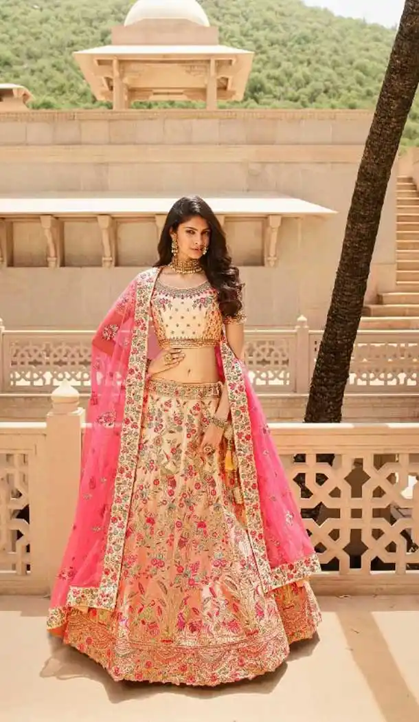 Fascinating Peach Color Silk Heavy Bridal Wedding Wear Lehenga Choli -1230128498