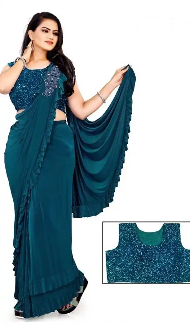 Teal Blue Color Lycra Designer Party Wear Lehenga Style Saree -1231128500