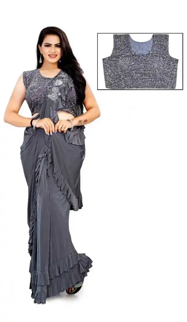 Grey Color Lycra Designer Party Wear Lehenga Style Saree -1231128502