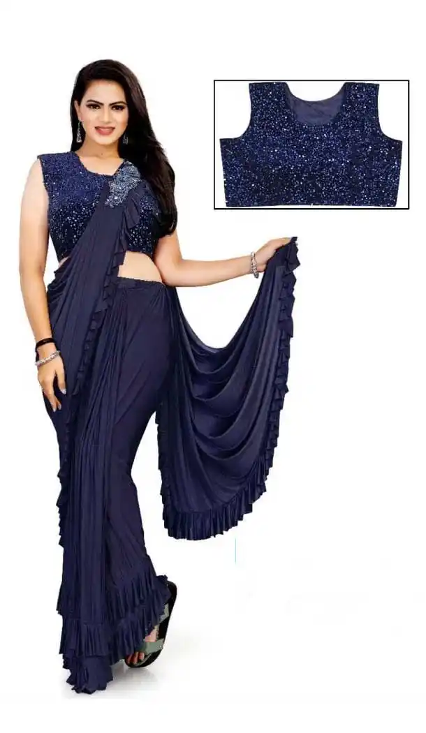 Navy Blue Color Lycra Designer Party Wear Lehenga Style Saree -1231128504