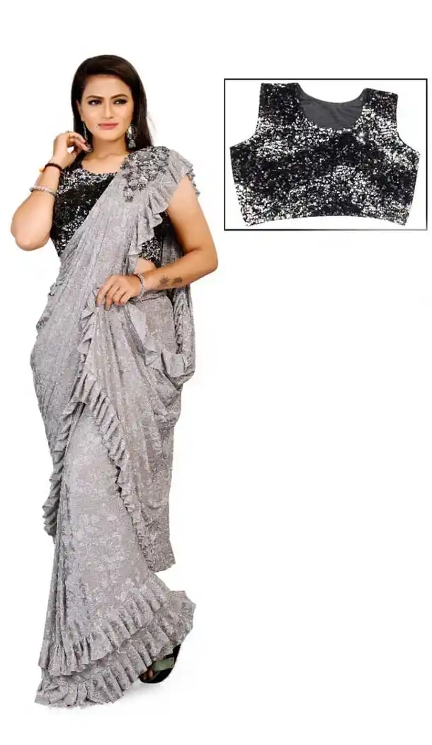 Contemporary Grey Color Lycra Designer Party Wear Lehenga Style Saree -1231128509