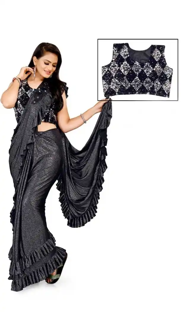 Exquisite Black Color Lycra Designer Party Wear Lehenga Style Saree -1231128513
