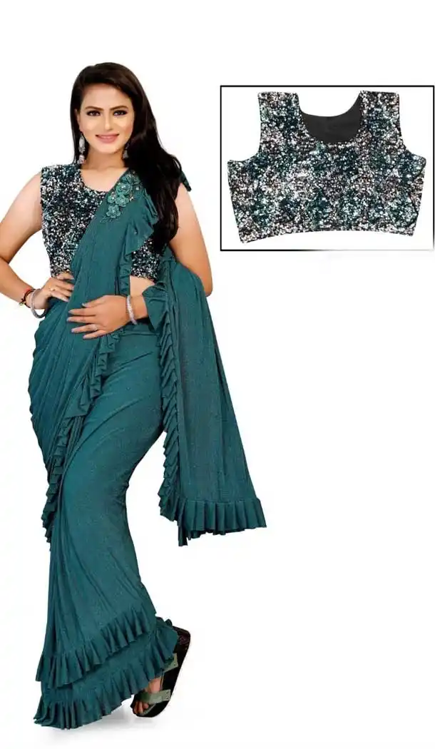 Rama Green Color Lycra Designer Party Wear Lehenga Style Saree -1231128514
