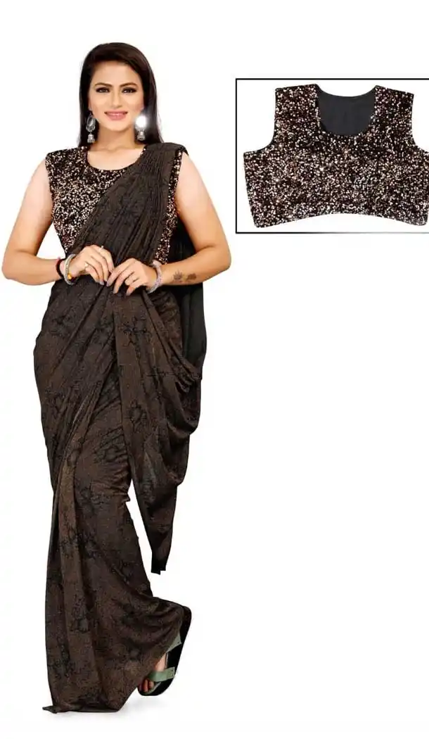 Brown Color Lycra Designer Party Wear Lehenga Style Saree -1231128515
