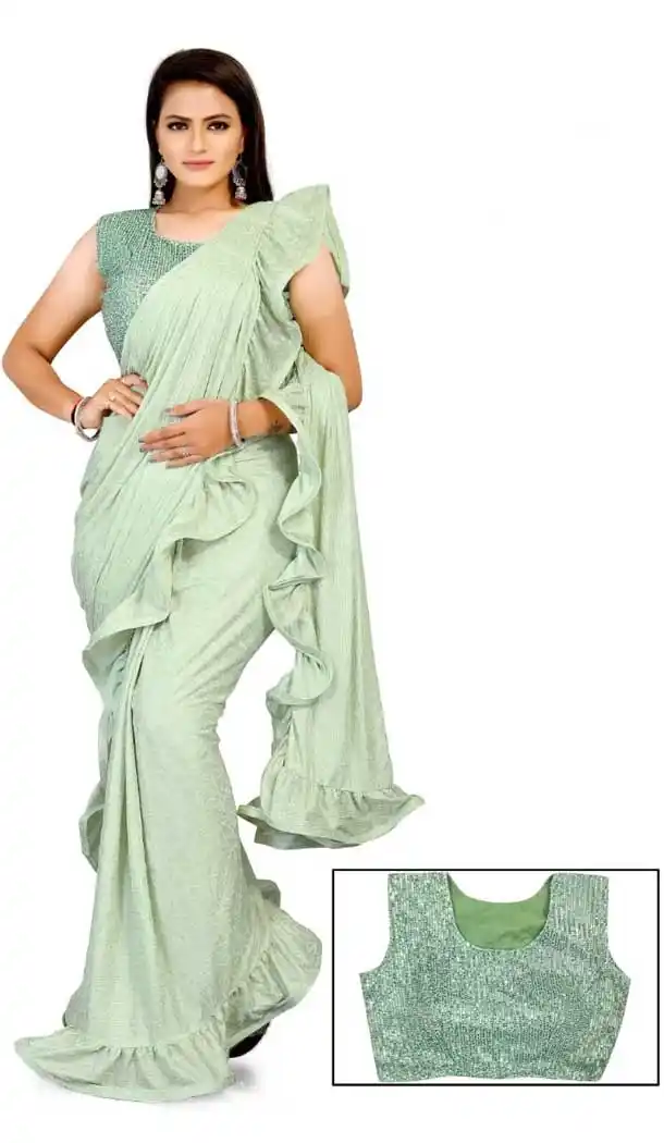 Aqua Green Color Lycra Designer Party Wear Lehenga Style Saree -1231128519