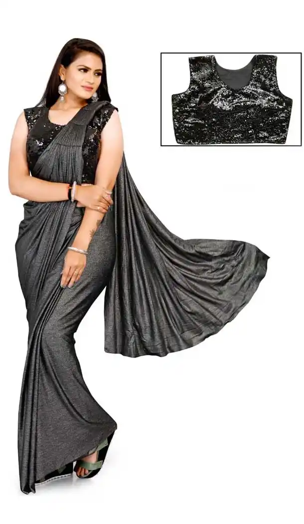Unique Grey Color Lycra Designer Party Wear Lehenga Style Saree -1231128520